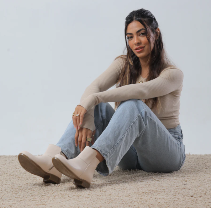 Beige Back Zipper Ankle Boots