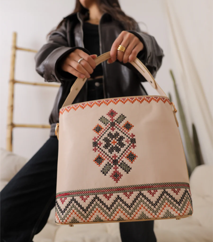 Beige Embroidered Tote Leather Bag