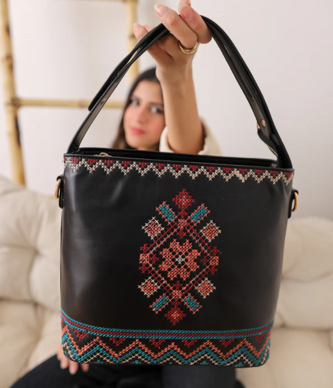 Black Embroidered Tote Leather Bag