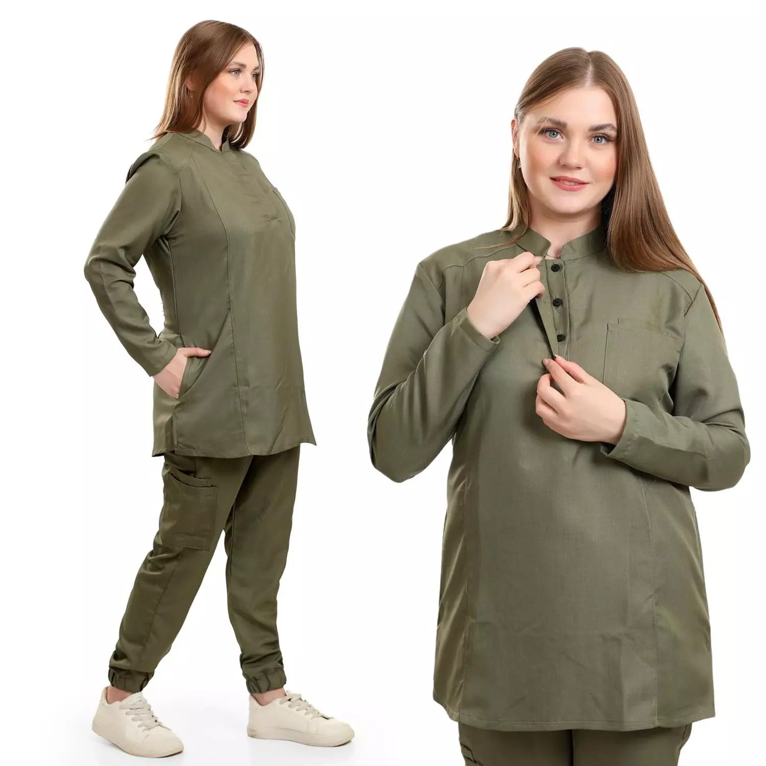 Olive Green Female Half Collar Scrub (Full Sleeves)